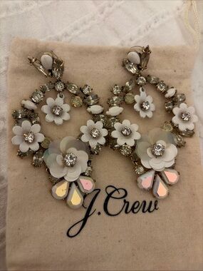 J. Crew White Floral Crystal Hoop Earrings